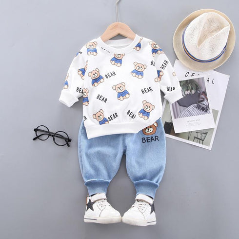 Spring and Autumn Boys Fleece Jeans Set