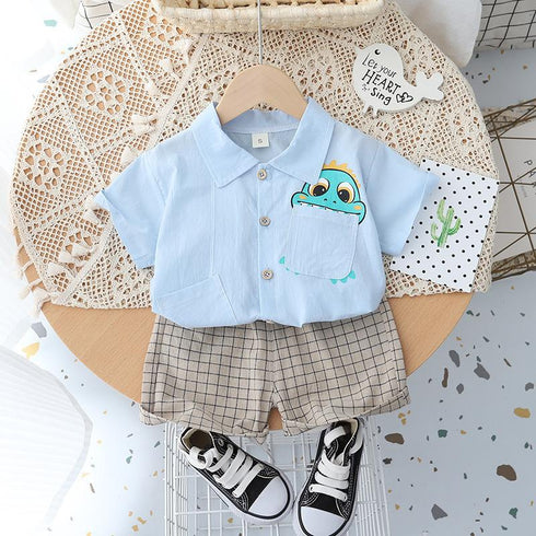Summer Casual Pocket Dinosaur Shirt Short Sleeve Shorts Two Piece Set
