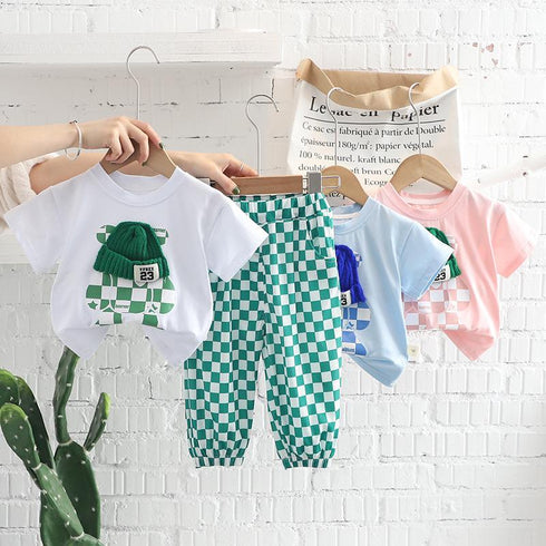 Casual Lattice Round Neck Short Sleeve Suit Baby Mosquito Pants Two-piece Set