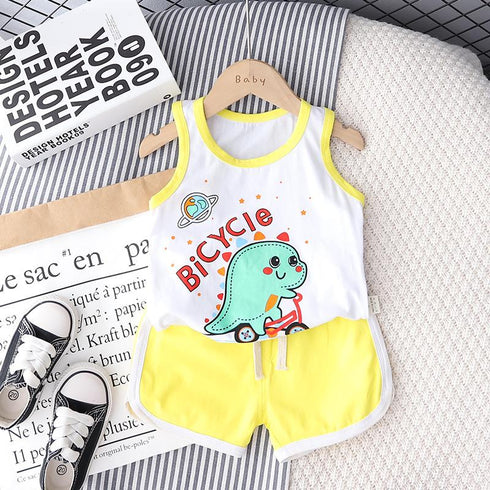 Cartoon round neck sleeveless vest set sports shorts two-piece set
