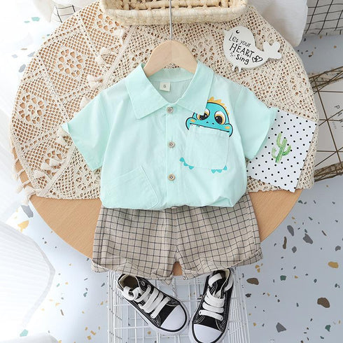 Summer Casual Pocket Dinosaur Shirt Short Sleeve Shorts Two Piece Set
