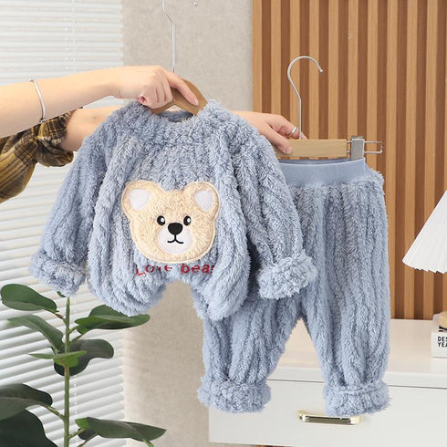 Autumn and winter boys plus velvet round neck long sleeve pajamas set two-piece set