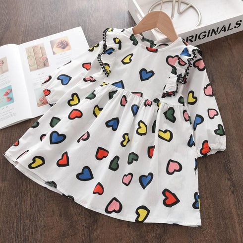 Girl's Spring And Autumn Love Pattern Princess Dress