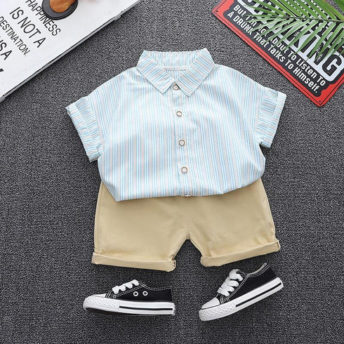 Summer boys solid color striped lapel two-piece set