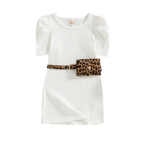 Summer children's solid color dress leopard print waist bag