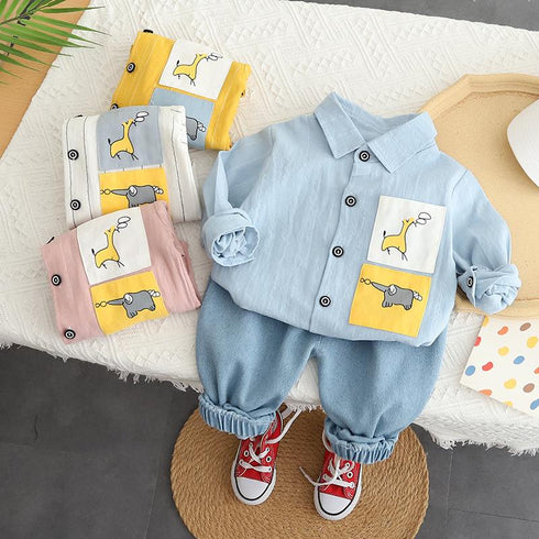 Spring and Autumn Boys Shirt Long Sleeve Set Two-Piece Set