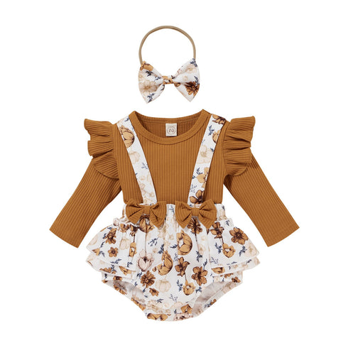 Cotton Pit Strip Long Sleeve Top + Suspender Skirt Set