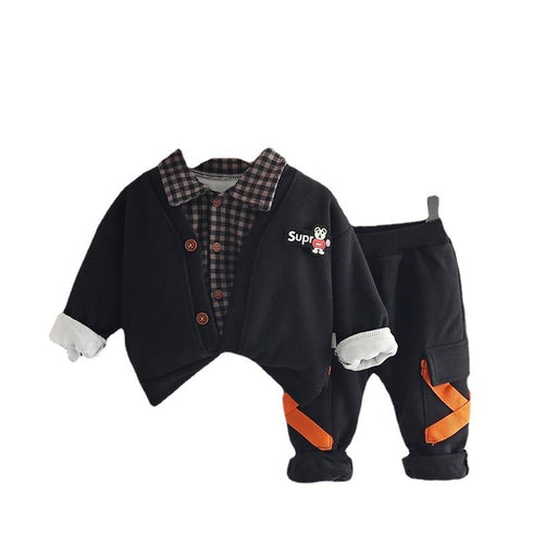 Autumn and winter boys plus velvet long sleeve suit set of three