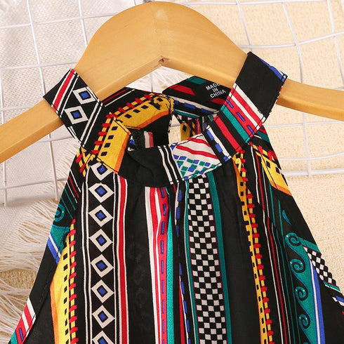 Girls Summer Color Stripe Suspender Lace Up Dress