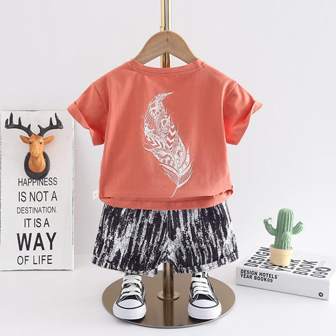 Handsome Round Neck Short Sleeve Suit Boys' Casual Shorts Two Piece Set