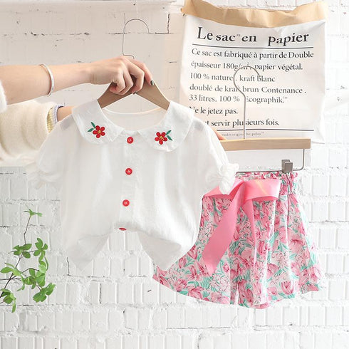Lapel Shirt Short Sleeve Suit Baby Casual Ribbon Shorts Two-piece Set