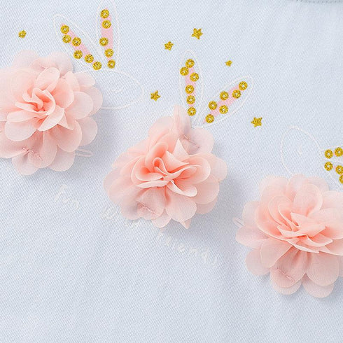 2022 New Summer Girls Cartoon Three-dimensional Flower Decoration Short Sleeve Cotton Round Neck T-shirt