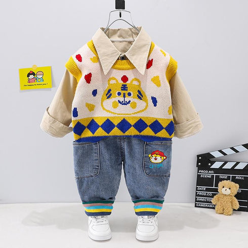 Autumn dress little boy denim casual pants little tiger long sleeve shirt cartoon sweater vest set of three