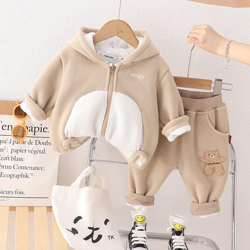 Autumn and winter children plus velvet hooded suit two-piece set