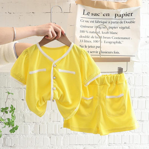 Little Girl Summer Dress Solid Color Small Fragrance Short Sleeved Suit