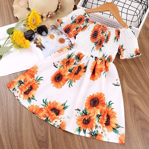 Girl's Summer Printed Sunflower Short Sleeve Princess Dress