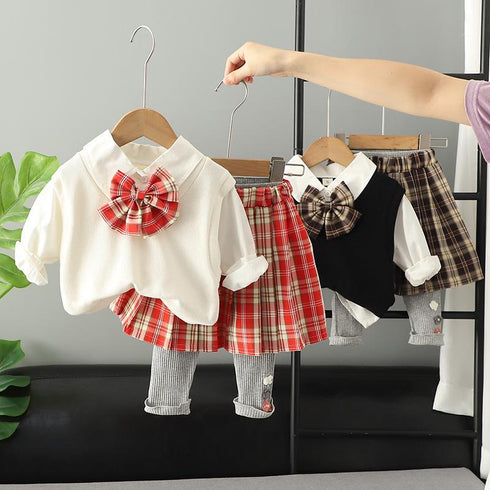 Plaid Bow College Style Skirt Pants Two-piece Set