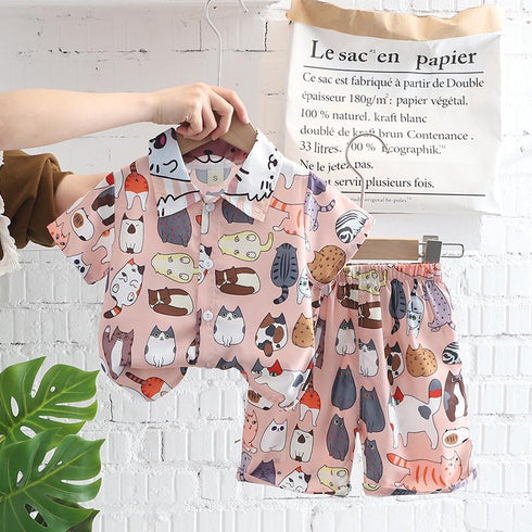 Cartoon Animal Summer Short Sleeve Shirt Two Piece Set