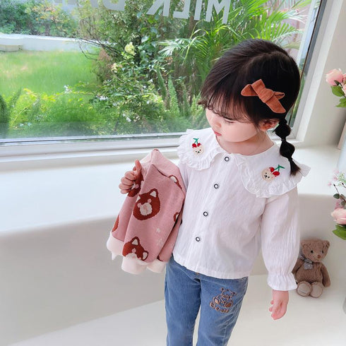 Cherry Bear Knitted Cardigan Three Piece Set Baby Girl Lapel Shirt Long Sleeve Set