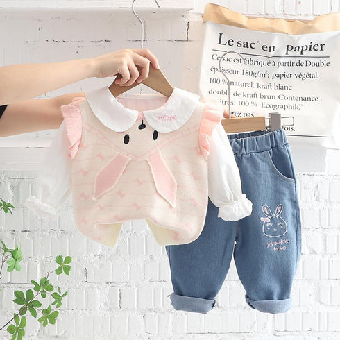 Cute Little Rabbit Sweater Vest Three Piece Set Baby Girl Lapel Shirt Long Sleeve Set