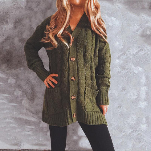 Autumn and winter single-breasted thick twist pocket long sleeve knit sweater cardigan