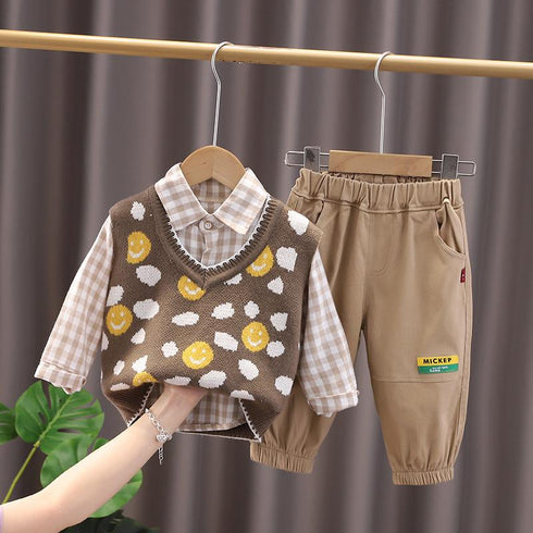 Children spring and autumn long sleeve shirt knitted waistcoat sweater vest set of three
