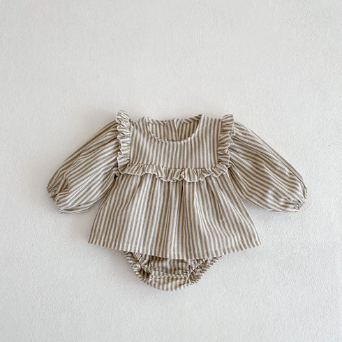 Lotus collar striped long sleeve skirt breaded pants two-piece suit