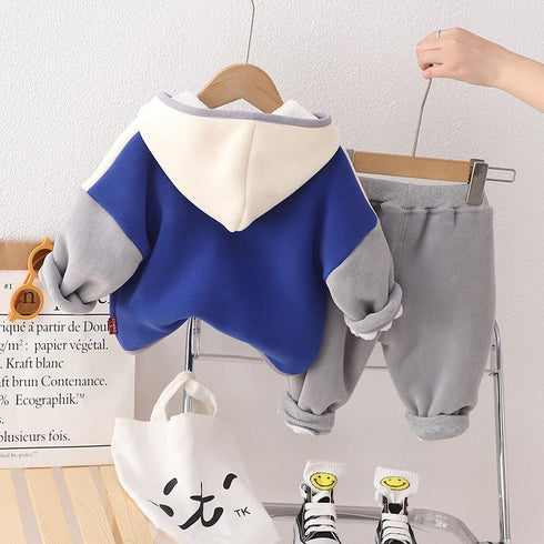 Autumn and winter boys plus velvet hooded suit two-piece set