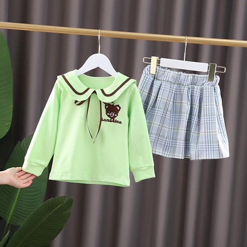 Spring and Autumn Girls Long Sleeve Skirt Two-Piece Set