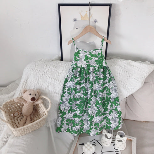 Girls Condole Belt Dress 2022 Summer New Wear Small Clear Sweet Floral Skirt