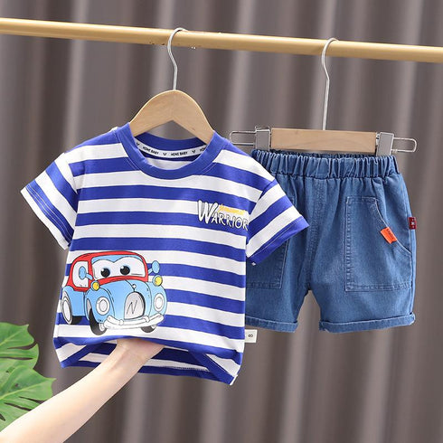 Round Neck Stripe Car Short Sleeve Suit