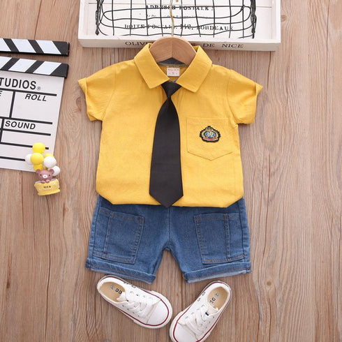 Children's Chest Pocket Shirt Jeans Two Piece Set