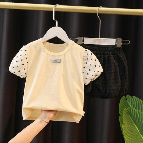 Girls' Suit Short Sleeve Top + Two-piece Bloomers