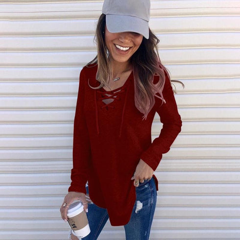 Long Sleeve V-Neck Strappy Top
