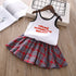 Girls Summer Letter Vest Plaid Skirt Set