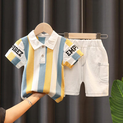 Children's flip shirt striped t-shirt shorts two-piece fashion