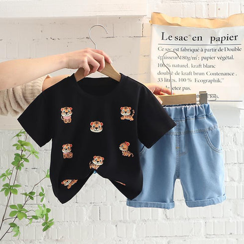 Round neck little tiger suit children's short sleeved clothes