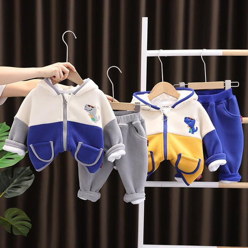 Autumn and winter boys plus velvet hooded suit two-piece set