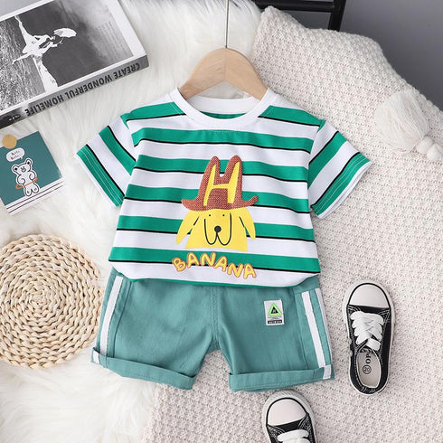 Round Neck Striped Short Sleeve Suit Sports Shorts Two-piece Set