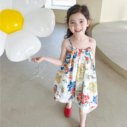 Girls Suspender Printed Dress 2022 Summer New Girls Loose Beach Dress
