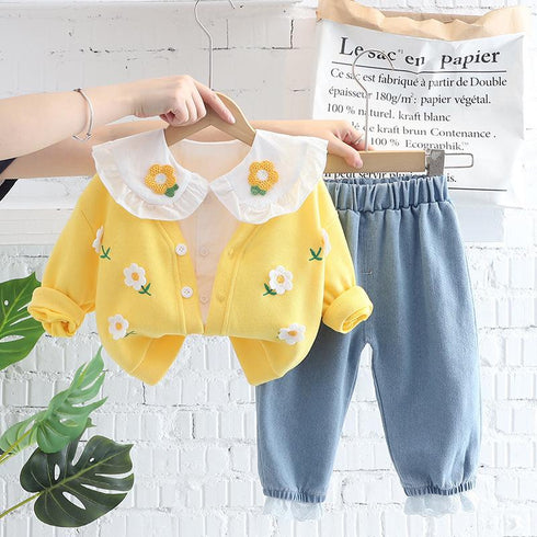 Spring and Autumn Girls Casual Cardigan Three-Piece Set