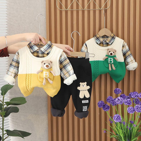 Winter boys shirt long sleeve set three-piece set