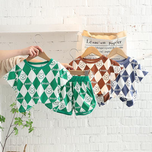 Plaid Cartoon T-shirt Two Piece Set Short Sleeved Shorts Set