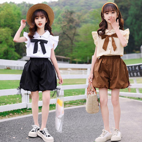 Summer Girls Bow Fly Sleeve Shirt Lantern Shorts Two Piece Set
