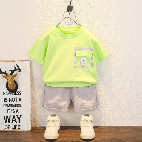 Children's Solid Chest Pocket Summer Set