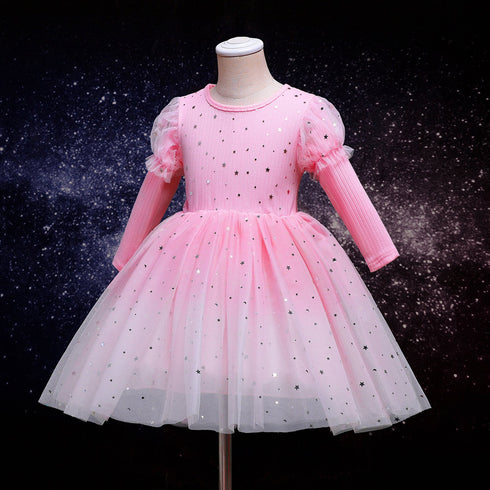 Girls Long Sleeve Dress Autumn New Gradient Starry Mesh Sequins Children's Dress Princess Dress