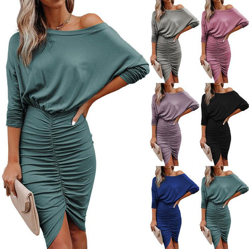 Solid color sexy sloping shoulder slim pleated hip dress