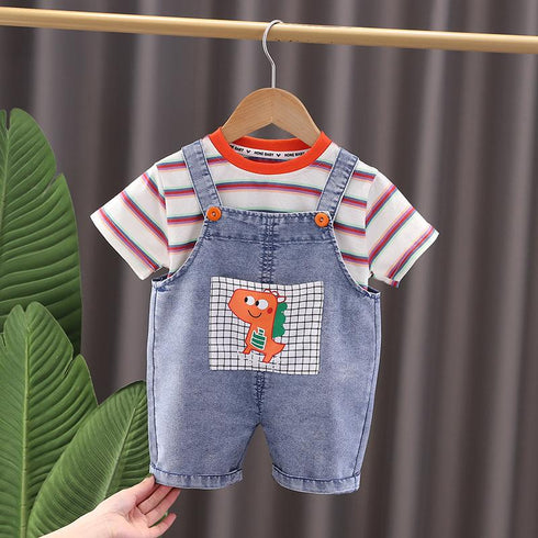 Cartoon Cowboy Suspenders Two-piece Baby Round Neck Striped Short Sleeve Suit