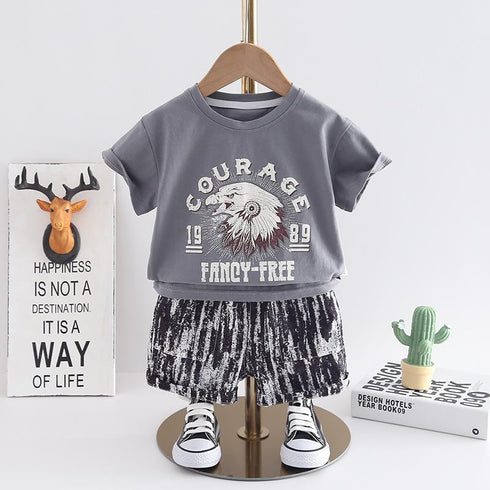 Handsome Round Neck Short Sleeve Suit Boys' Casual Shorts Two Piece Set