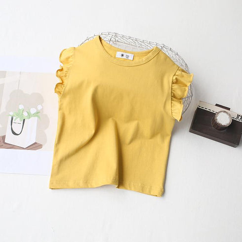Ruffled Crewneck Feifei Short Sleeve T-Shirt Solid Color Top